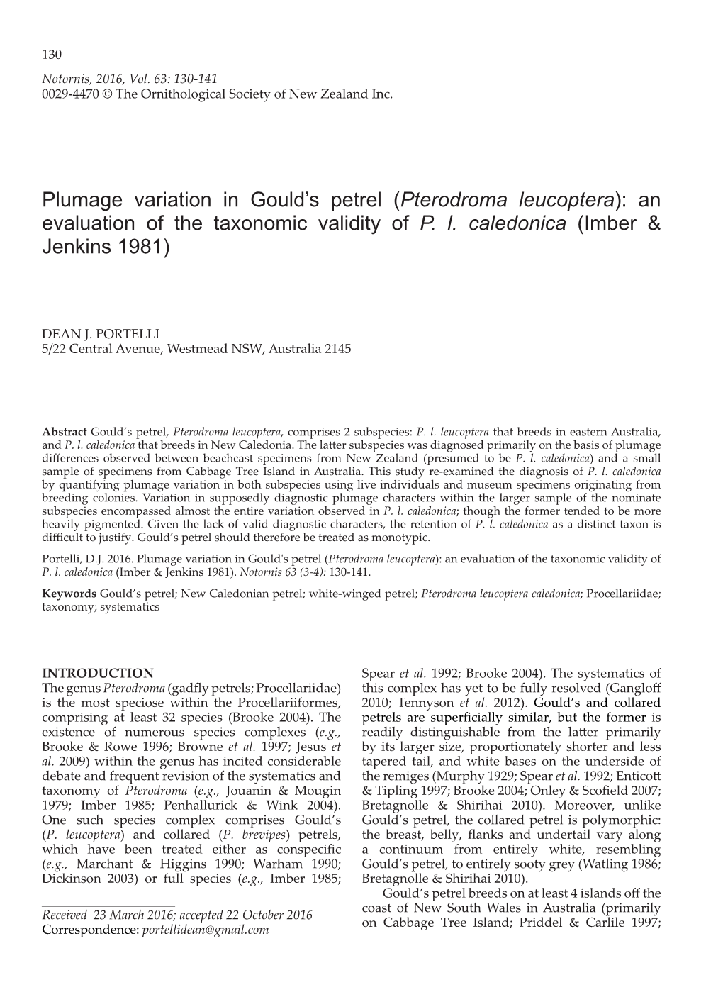 Plumage Variation in Gould's Petrel (Pterodroma Leucoptera): an Evaluation of the Taxonomic Validity of P