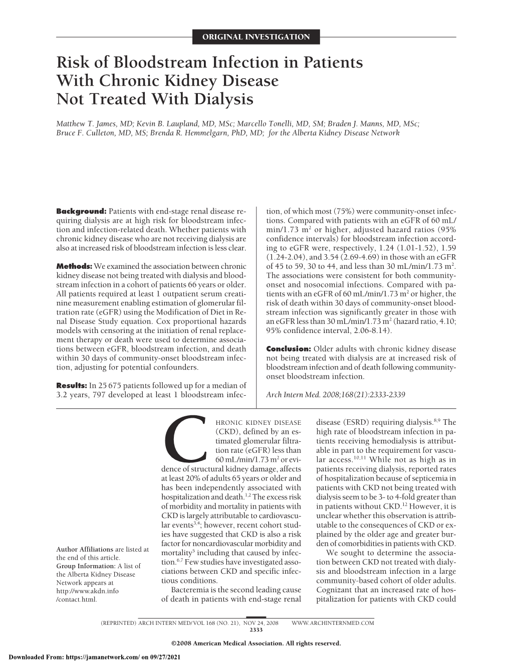 Risk of Bloodstream Infection in Patients with Chronic Kidney Disease Not Treated with Dialysis