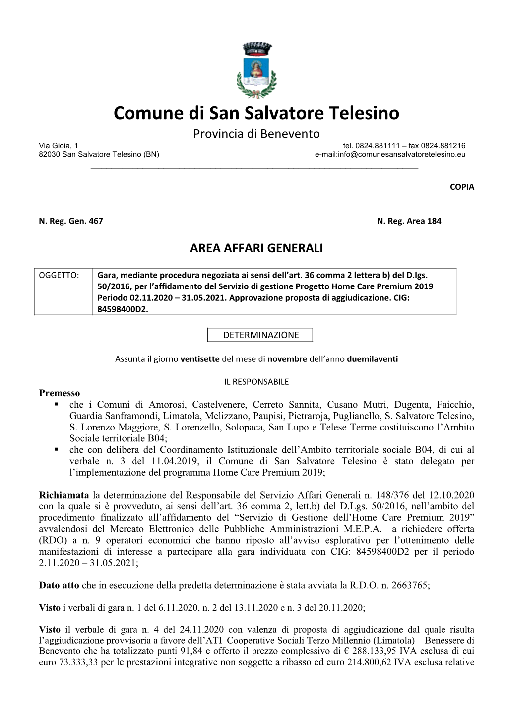Comune Di San Salvatore Telesino Provincia Di Benevento Via Gioia, 1 Tel