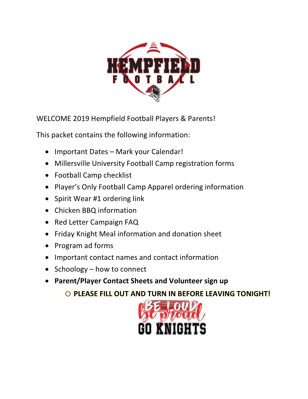 2019 Hempfield Football Players & Parents!