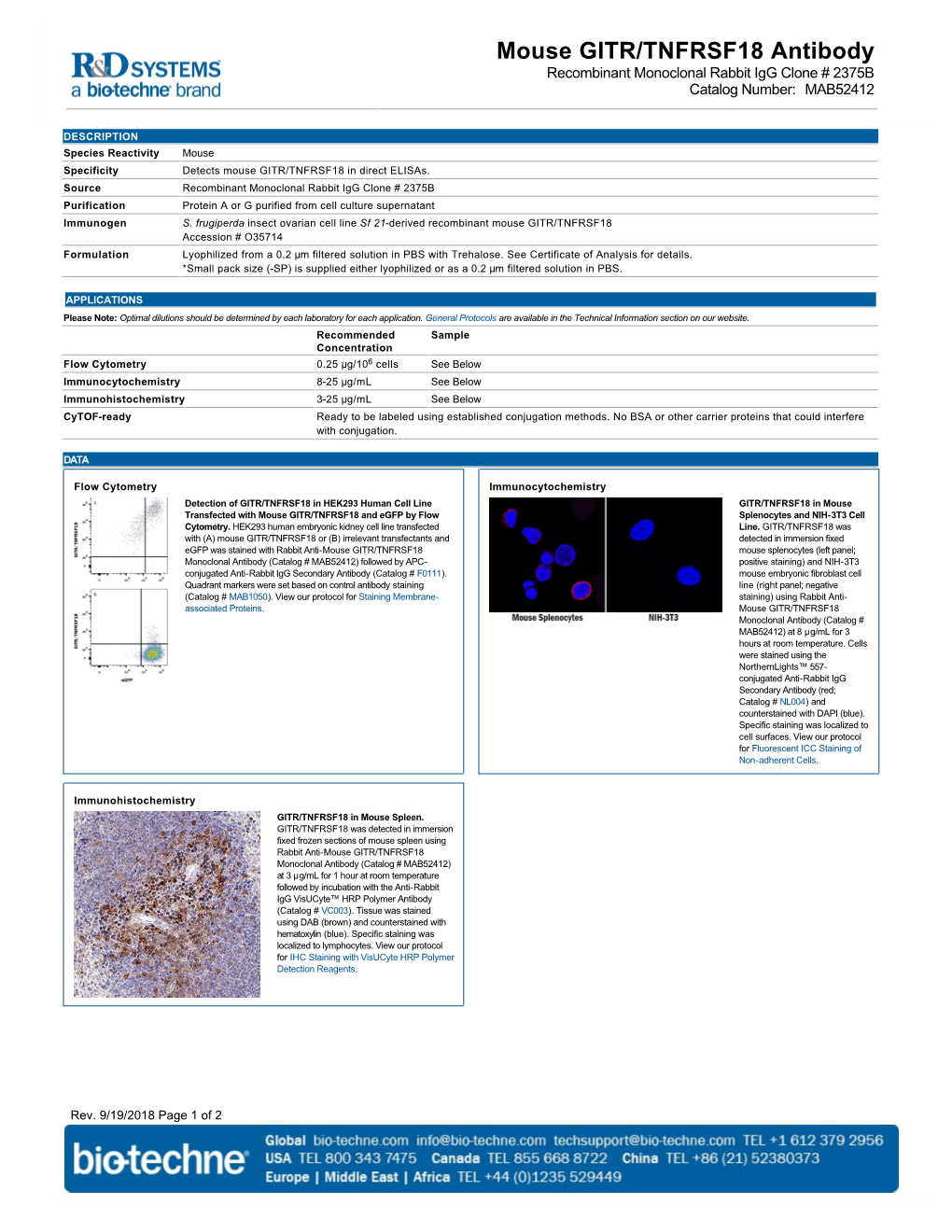 Mouse GITR/TNFRSF18 Antibody Recombinant Monoclonal Rabbit Igg Clone # 2375B Catalog Number: MAB52412