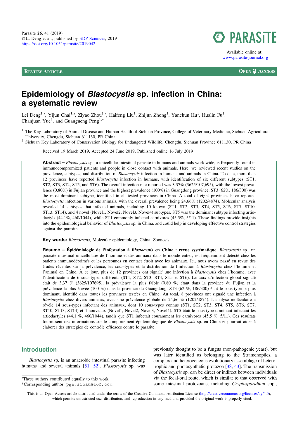 Epidemiology of Blastocystis Sp. Infection in China: a Systematic Review