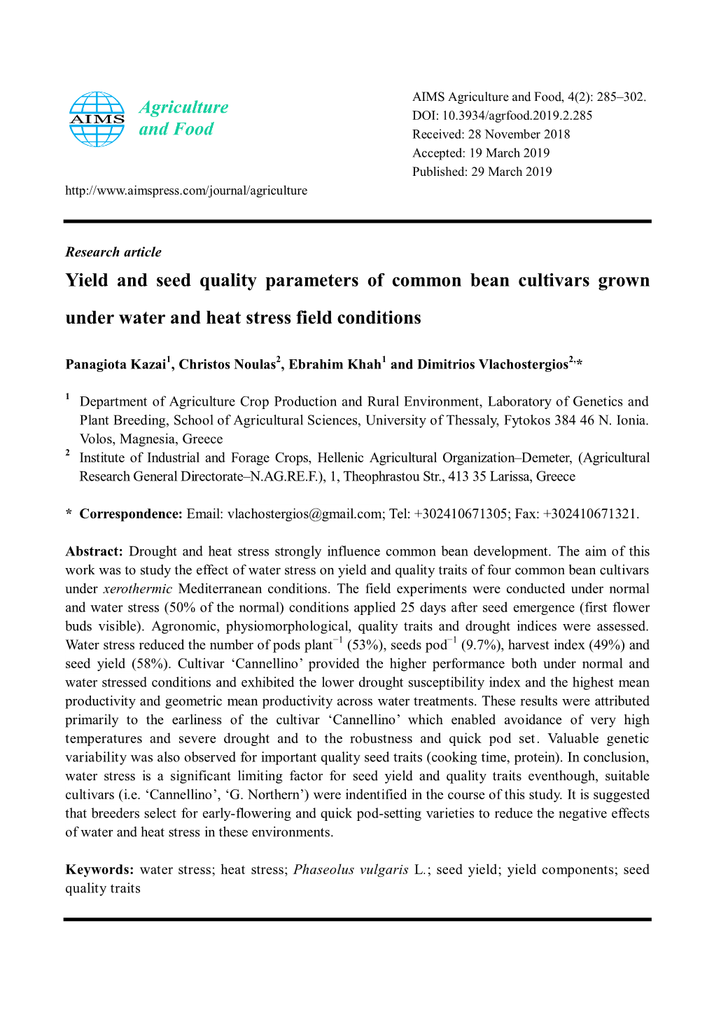 Yield and Seed Quality Parameters of Common Bean Cultivars Grown Under Water and Heat Stress Field Conditions