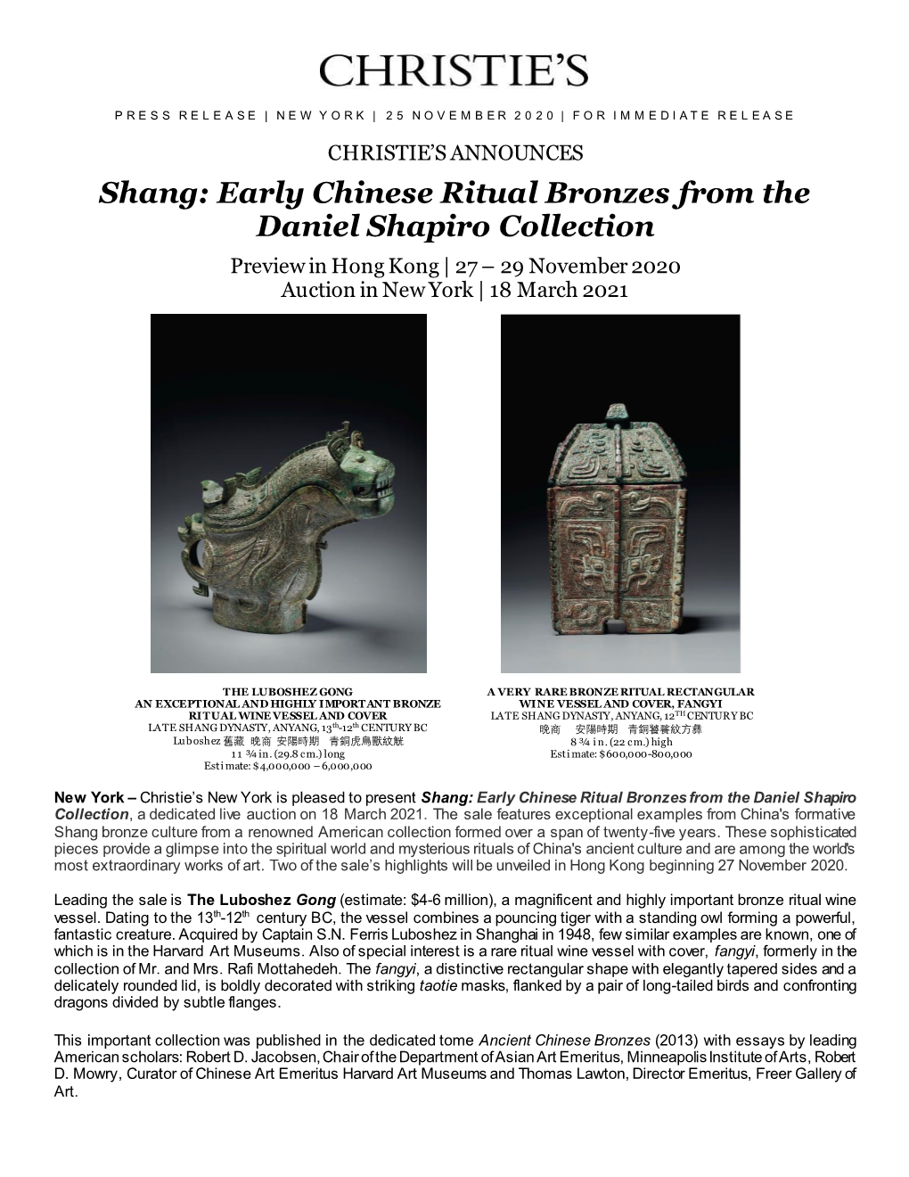 Early Chinese Ritual Bronzes from the Daniel Shapiro Collection