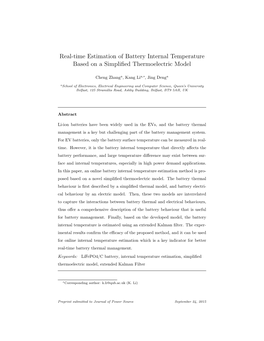 Real-Time Estimation of Battery Internal Temperature Based on a Simpliﬁed Thermoelectric Model