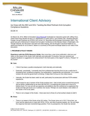 International Client Advisory up Close with the SEC and DOJ: Tackling the Most Pertinent Anti-Corruption Compliance Questions