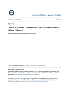 Journal of the Book of Mormon and Other Restoration Scripture Volume 20 Issue 1