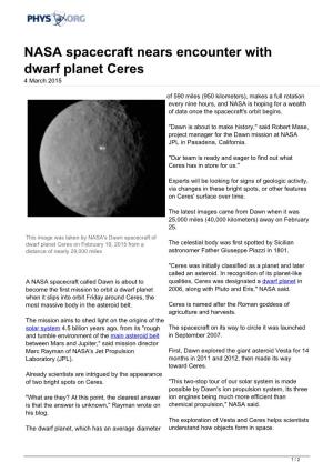 NASA Spacecraft Nears Encounter with Dwarf Planet Ceres 4 March 2015