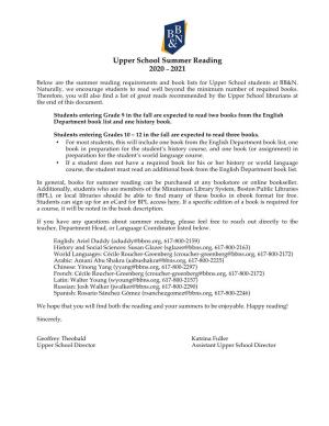 Upper School Summer Reading 2020 – 2021