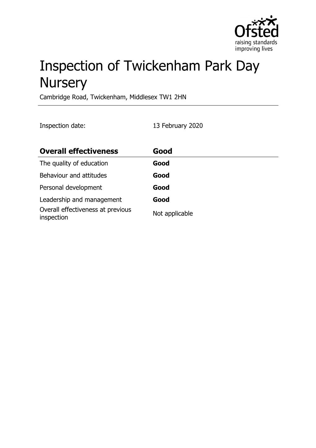 Inspection of Twickenham Park Day Nursery Cambridge Road, Twickenham, Middlesex TW1 2HN
