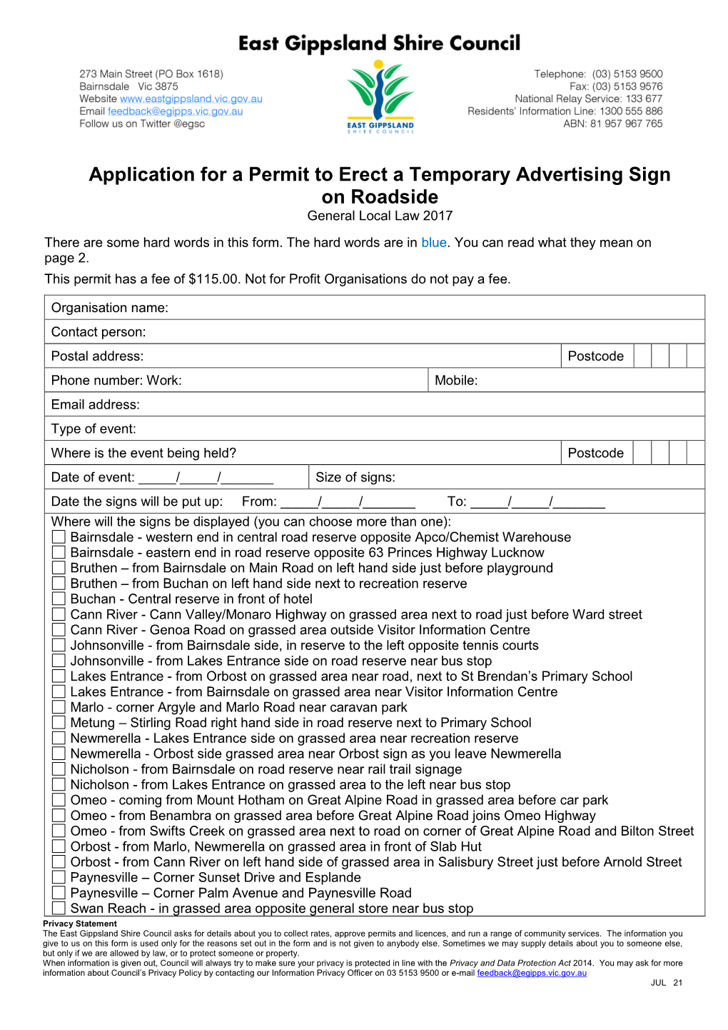 Application for a Permit to Erect a Temporary Advertising Sign for A