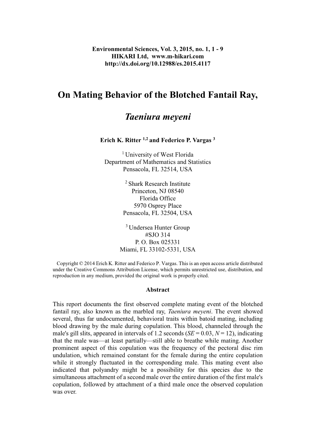 On Mating Behavior of the Blotched Fantail Ray, Taeniura Meyeni 3