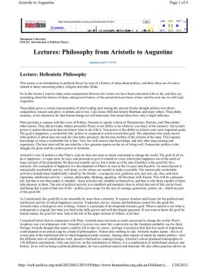 Lectures: Philosophy from Aristotle to Augustine