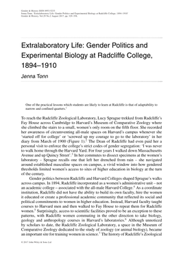 Gender Politics and Experimental Biology at Radcliffe College, 1894–1910’ Gender & History, Vol.29 No.2 August 2017, Pp