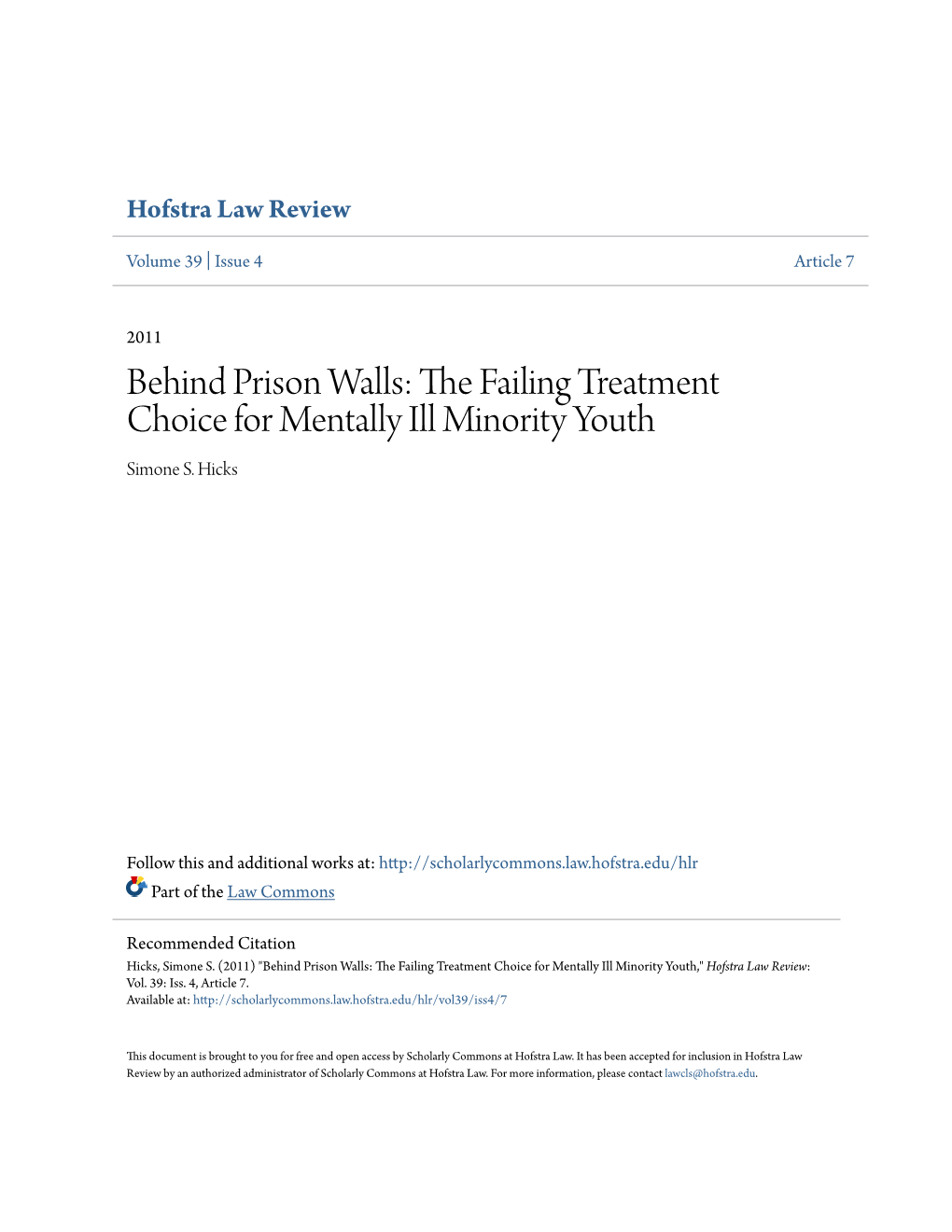 Behind Prison Walls: the Failing Treatment Choice for Mentally Ill Minority Youth