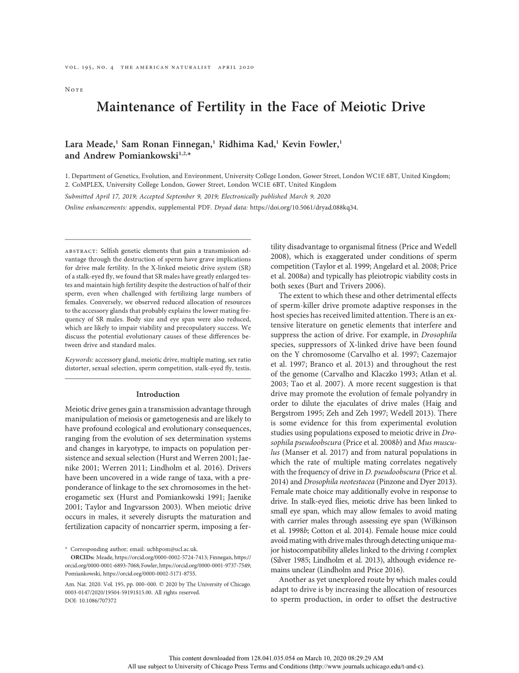 Maintenance of Fertility in the Face of Meiotic Drive