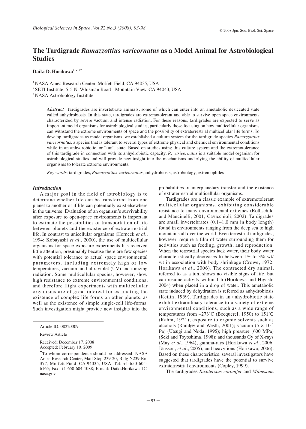 The Tardigrade Ramazzottius Varieornatus As a Model Animal for Astrobiological Studies