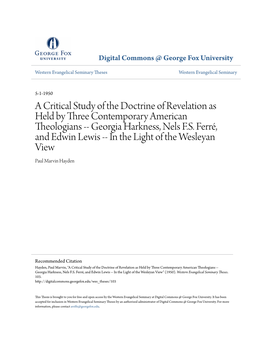A Critical Study of the Doctrine of Revelation As Held by Three Contemporary American Theologians -- Georgia Harkness, Nels F.S