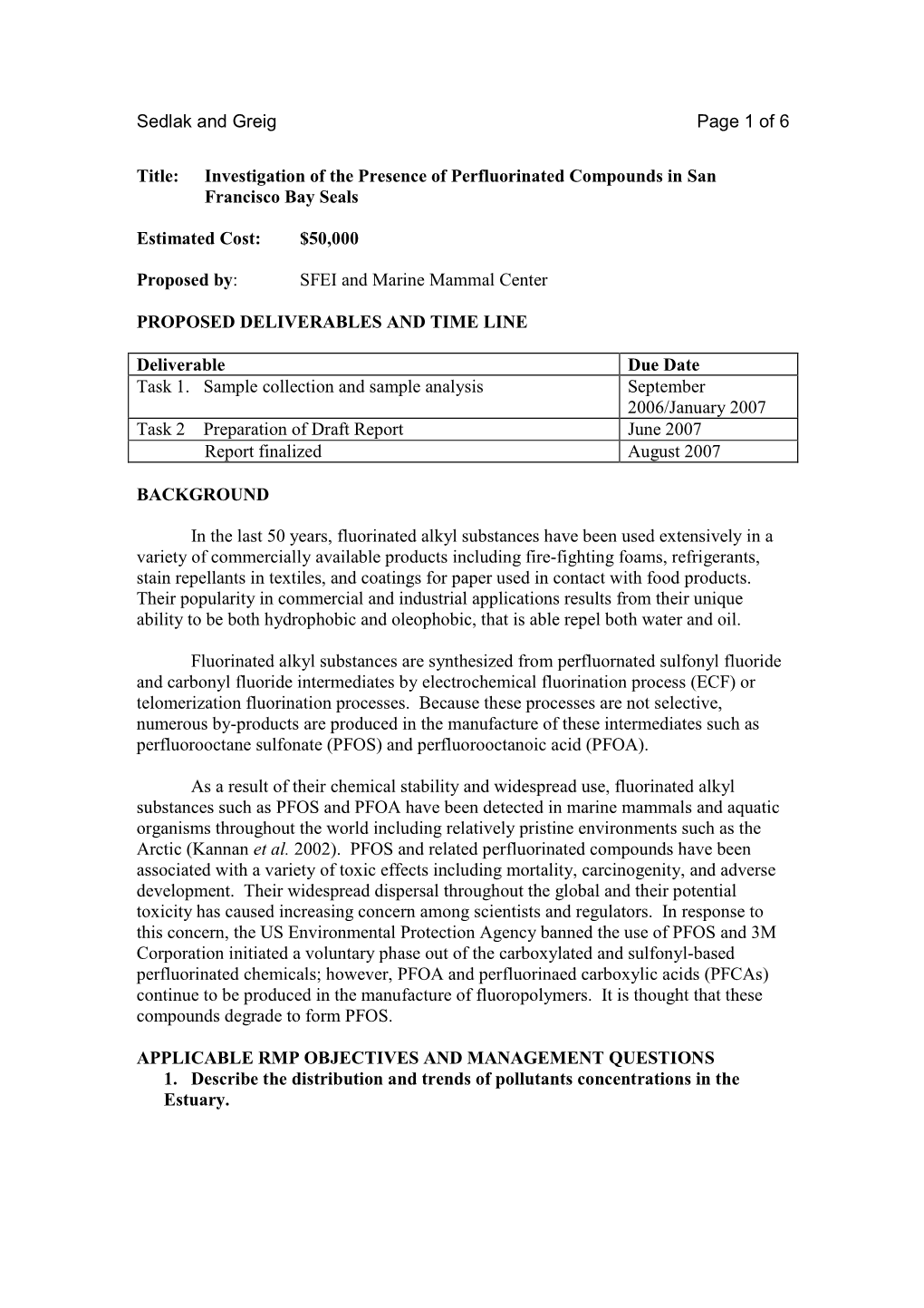 Investigation of the Presence of Perfluorinated Compounds in San Francisco Bay Seals