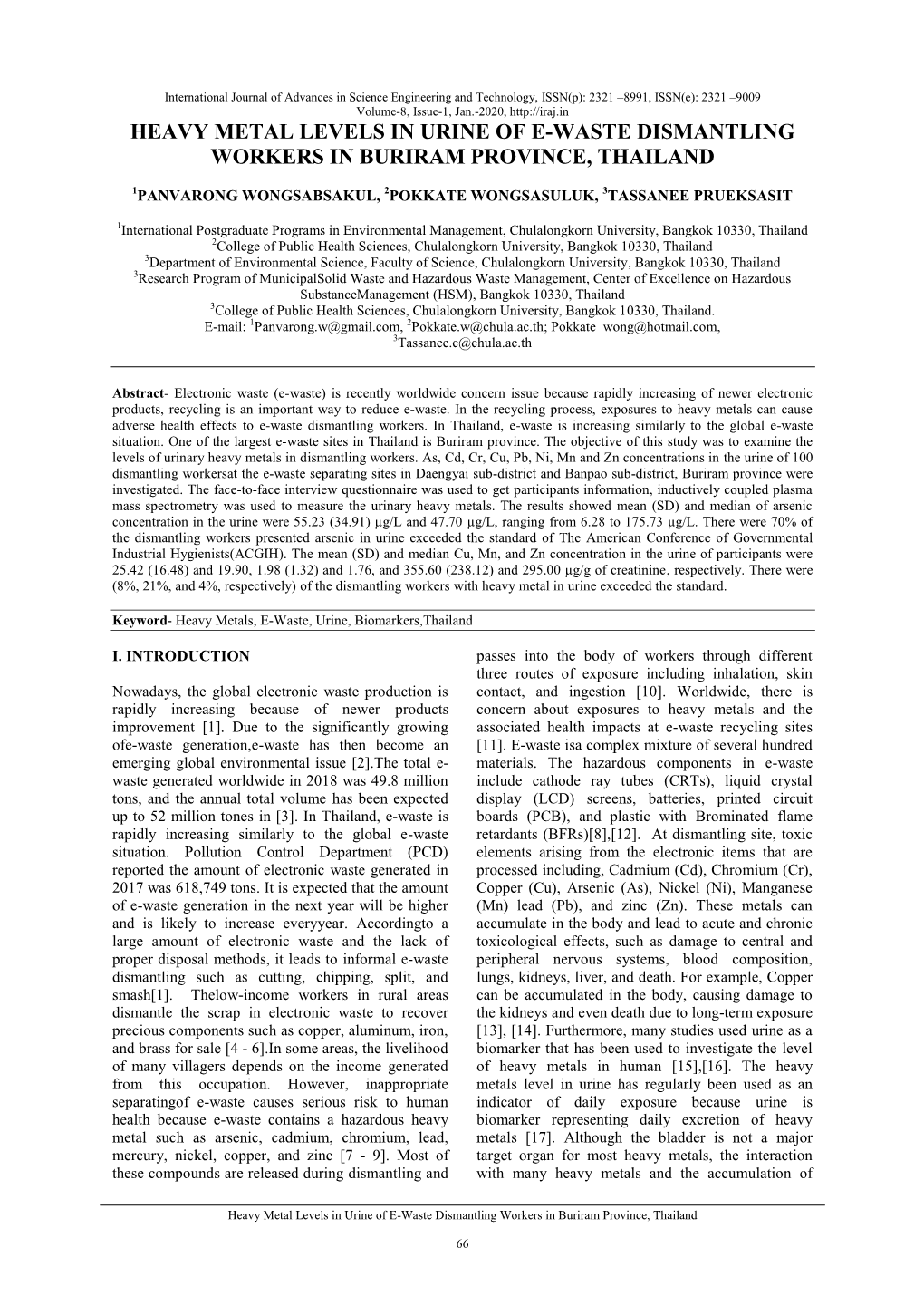 Heavy Metal Levels in Urine of E-Waste Dismantling Workers in Buriram Province, Thailand