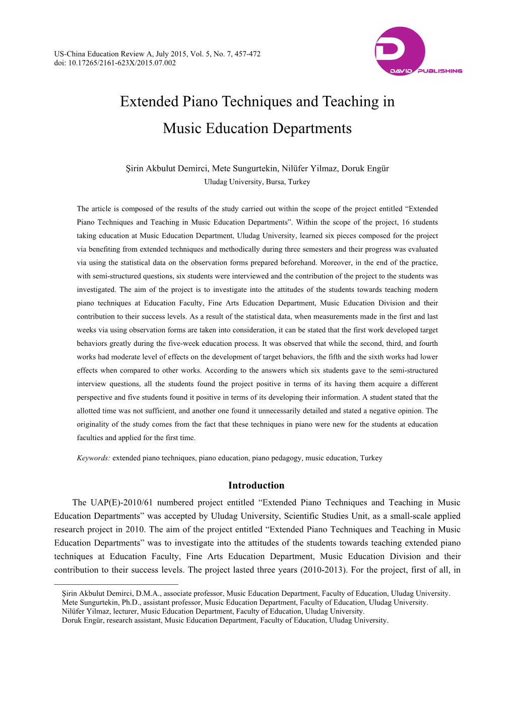 Extended Piano Techniques and Teaching in Music Education Departments