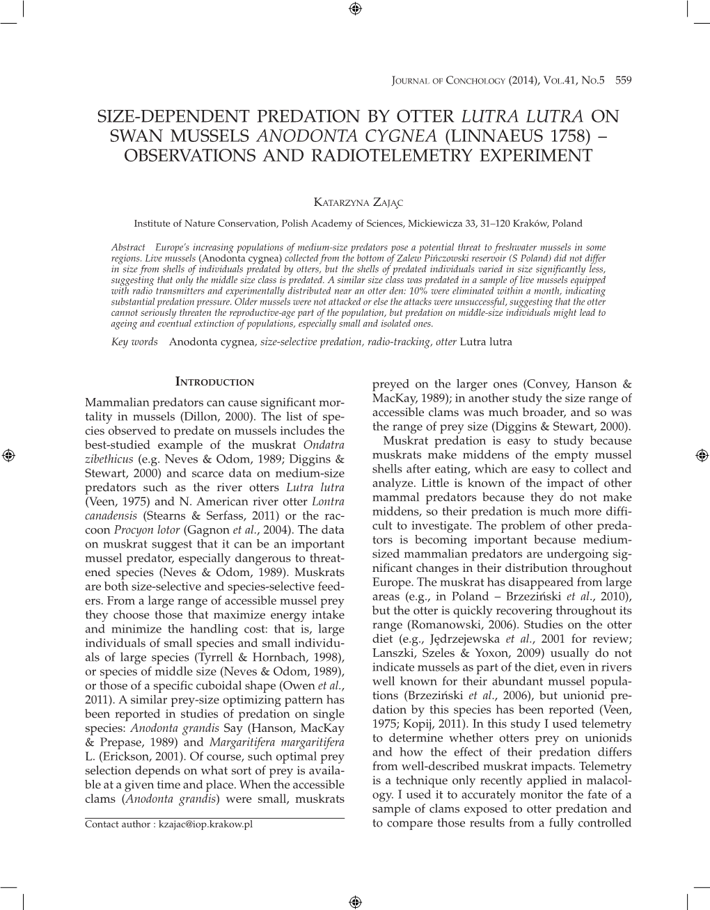 Size- Dependent Predation by Otter Lutra Lutra on Swan