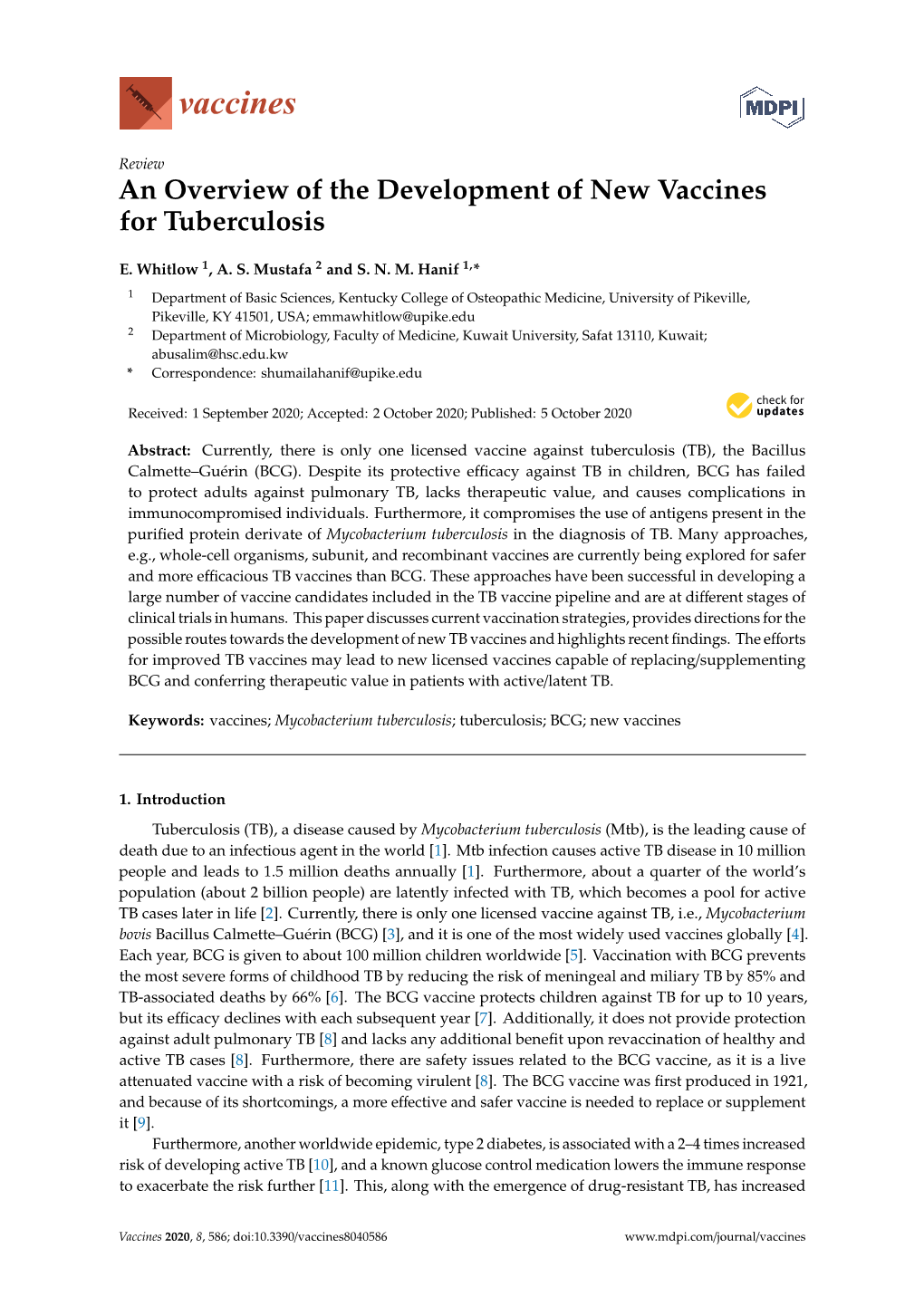 An Overview of the Development of New Vaccines for Tuberculosis