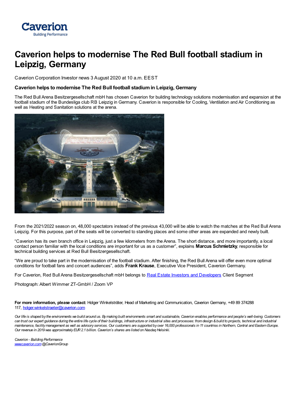 Caverion Helps to Modernise the Red Bull Football Stadium in Leipzig, Germany