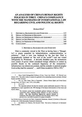 An Analysis of China's Human Rights Policies in Tibet: China's Compliance with the Mandates of International Law Regarding Civil and Political Rights
