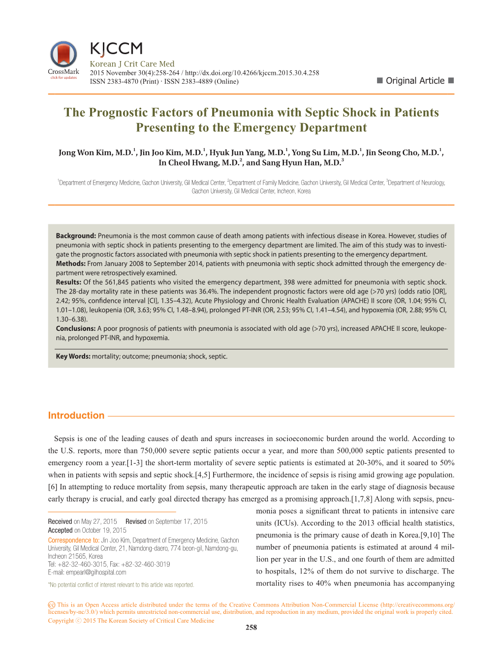 The Prognostic Factors Associated with Pneumonia with Septic Shock in Patients Presenting to the Emergency Department