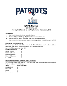 GAME NOTES SUPER BOWL LIII New England Patriots Vs