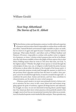 William Giraldi Next Stop Abbottland: the Stories of Lee K. Abbott