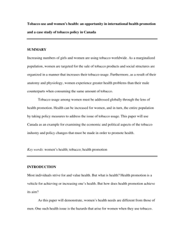 An Opportunity in International Health Promotion and a Case Study of Tobacco Policy in Canada