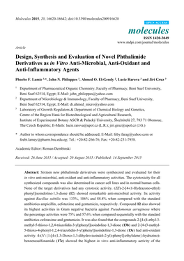 Design, Synthesis and Evaluation of Novel Phthalimide Derivatives As in Vitro Anti-Microbial, Anti-Oxidant and Anti-Inflammatory Agents