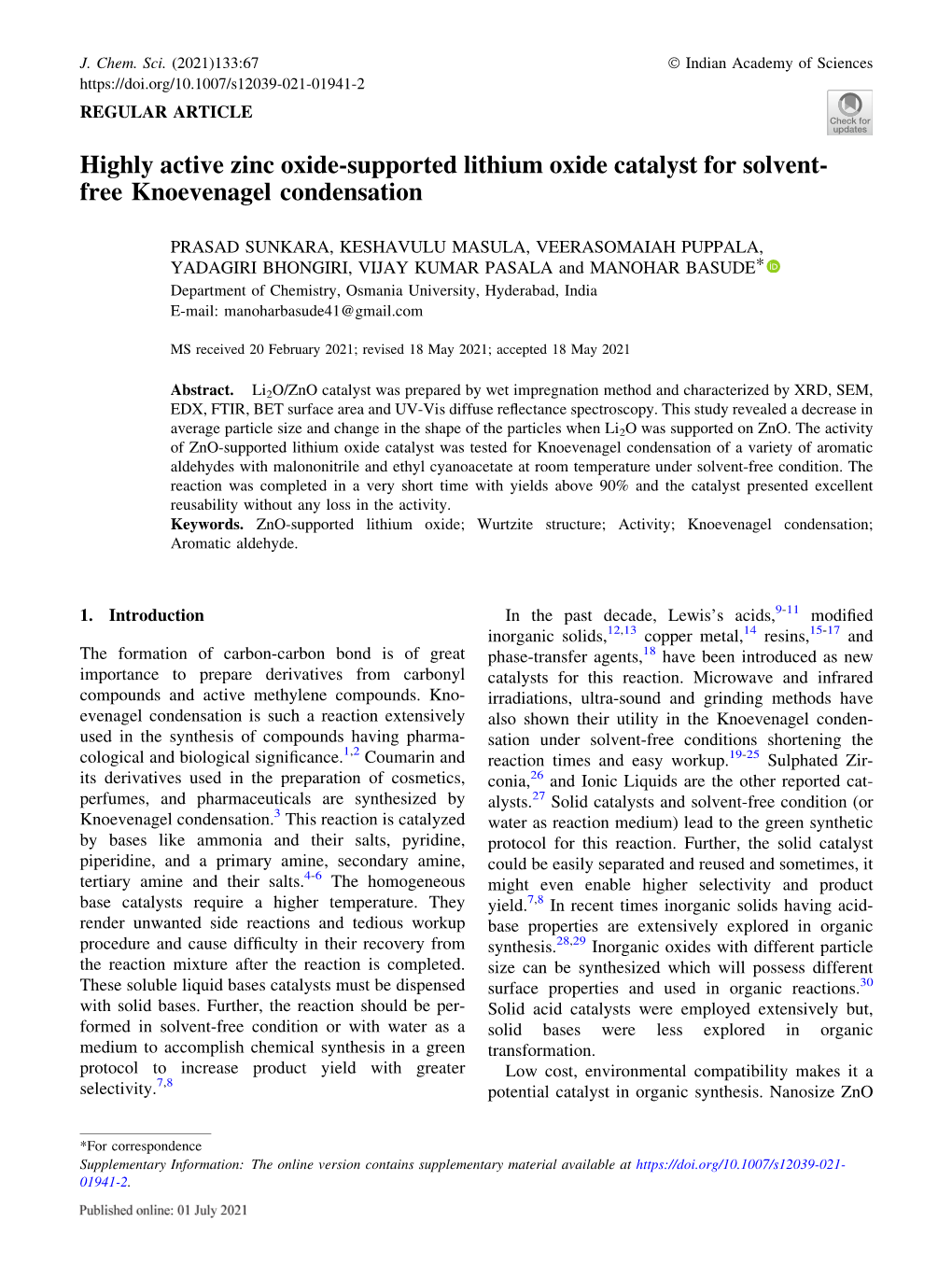 Highly Active Zinc Oxide-Supported Lithium Oxide Catalyst for Solvent- Free Knoevenagel Condensation