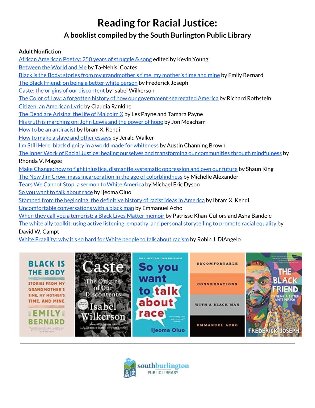 Reading for Racial Justice: a Booklist Compiled by the South Burlington Public Library