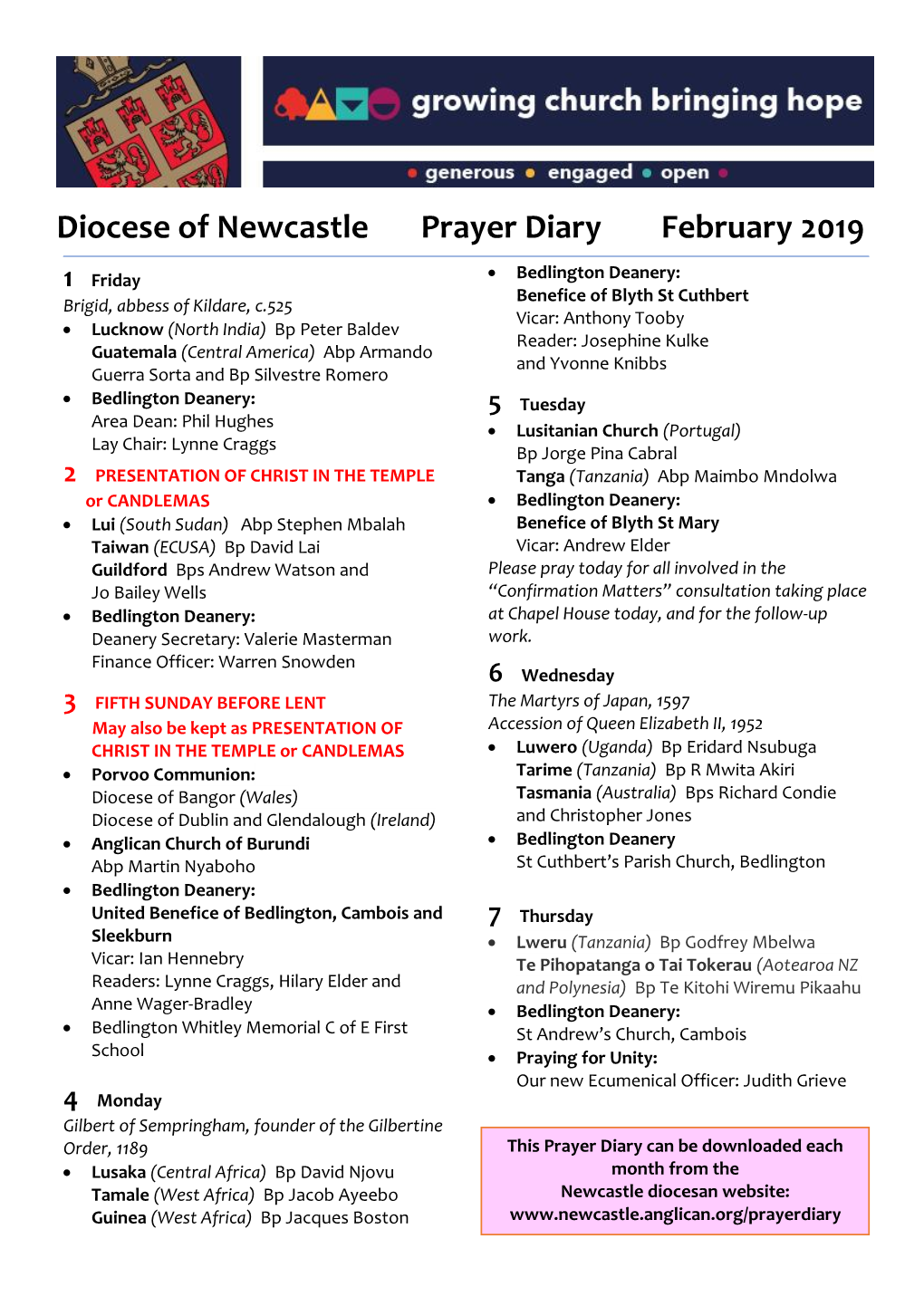 Diocese of Newcastle Prayer Diary February 2019
