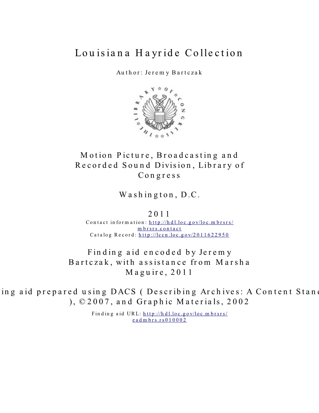 Louisiana Hayride Collection [Finding Aid]. Library of Congress