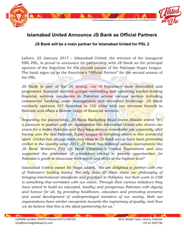Islamabad United Announce JS Bank As Official Partners