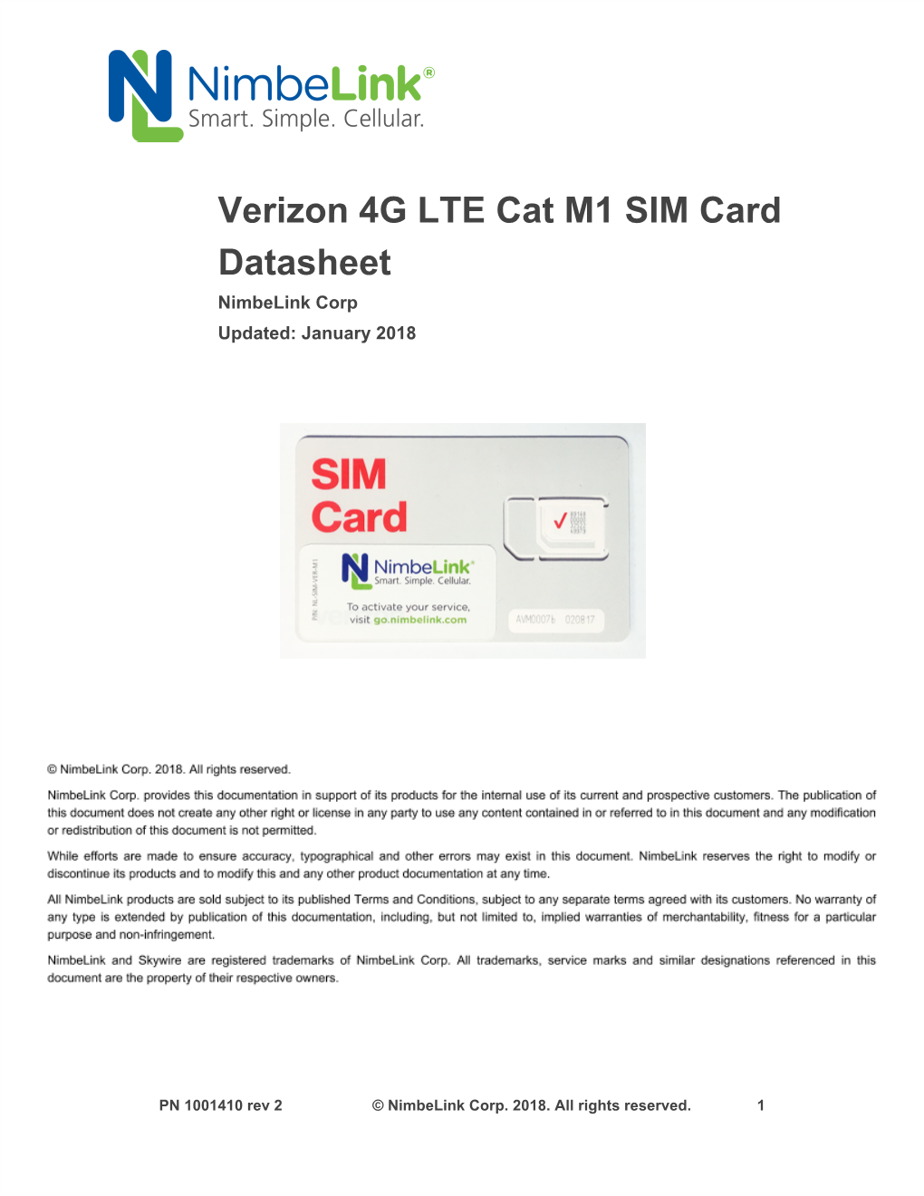 Verizon 4G LTE Cat M1 SIM Card Datasheet Nimbelink Corp Updated: January 2018