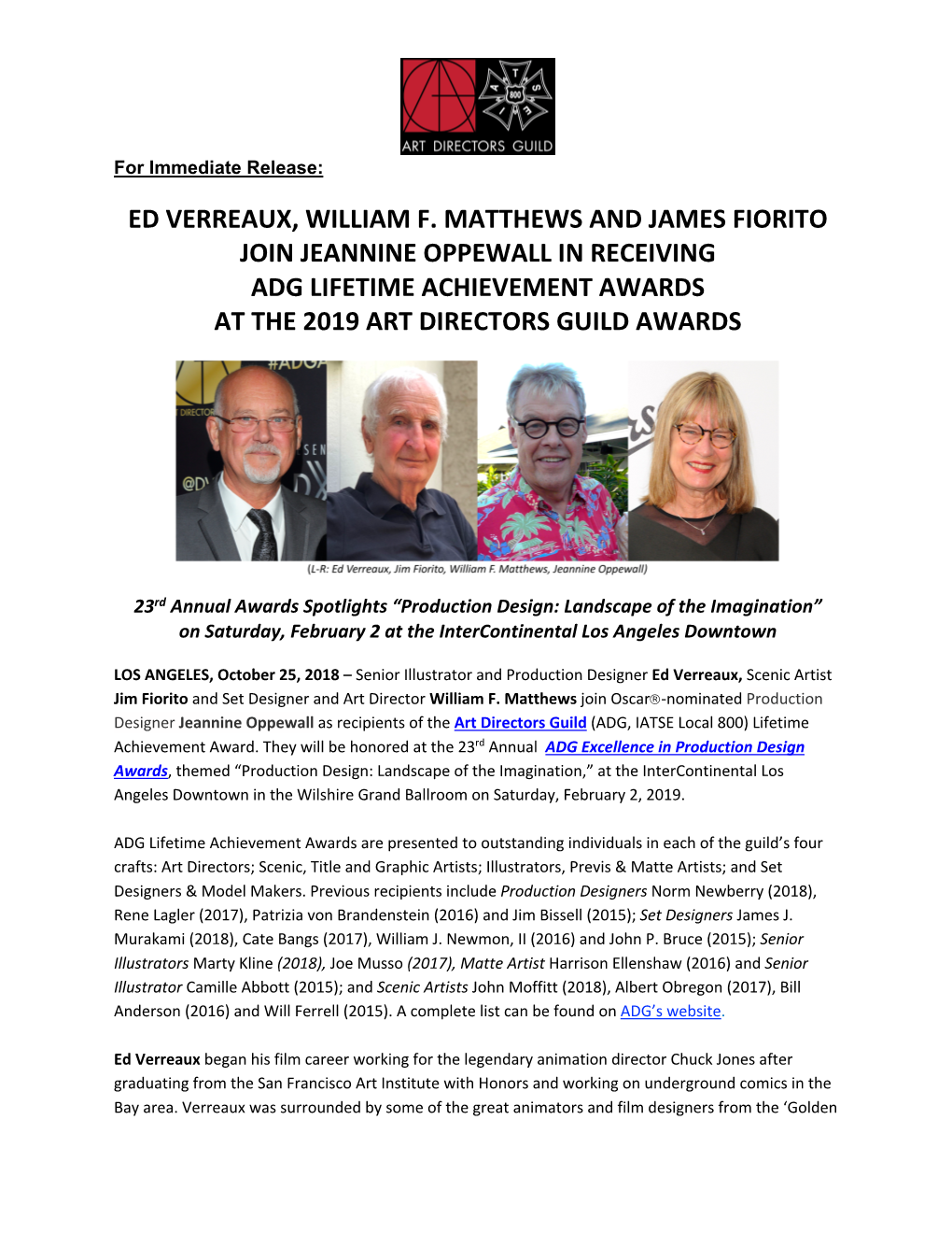 Ed Verreaux, William F. Matthews and James Fiorito Join Jeannine Oppewall in Receiving Adg Lifetime Achievement Awards at the 2019 Art Directors Guild Awards