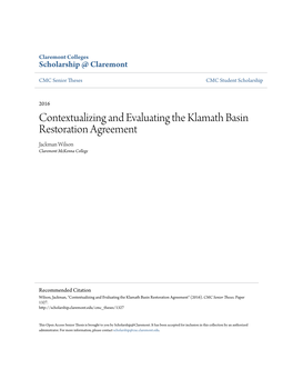 Contextualizing and Evaluating the Klamath Basin Restoration Agreement Jackman Wilson Claremont Mckenna College