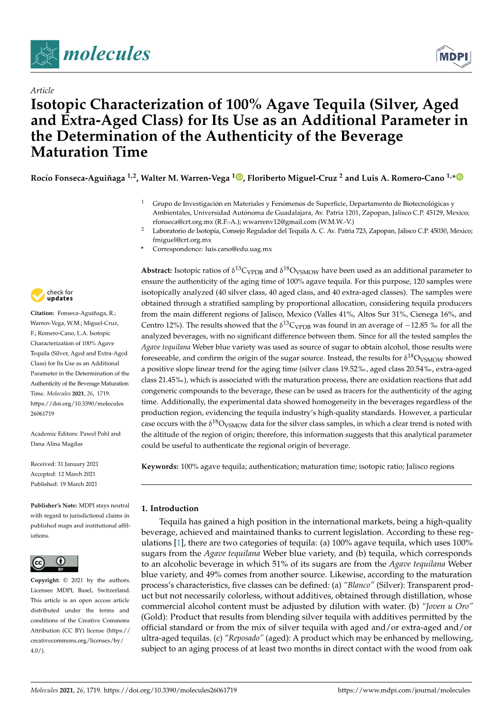 Isotopic Characterization of 100% Agave Tequila