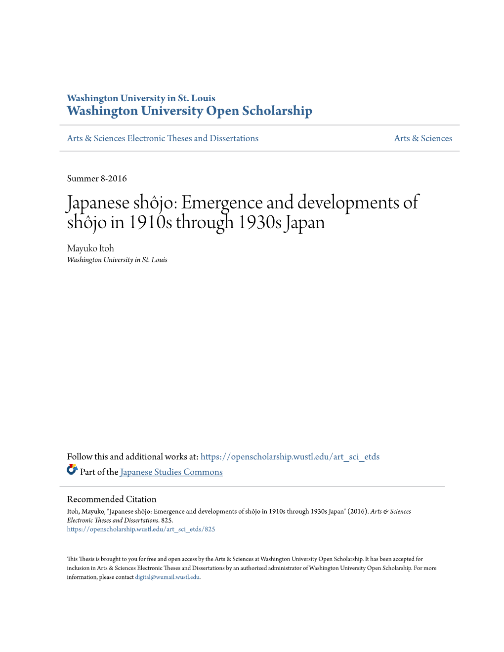 Japanese Shôjo: Emergence and Developments of Shôjo in 1910S Through 1930S Japan Mayuko Itoh Washington University in St