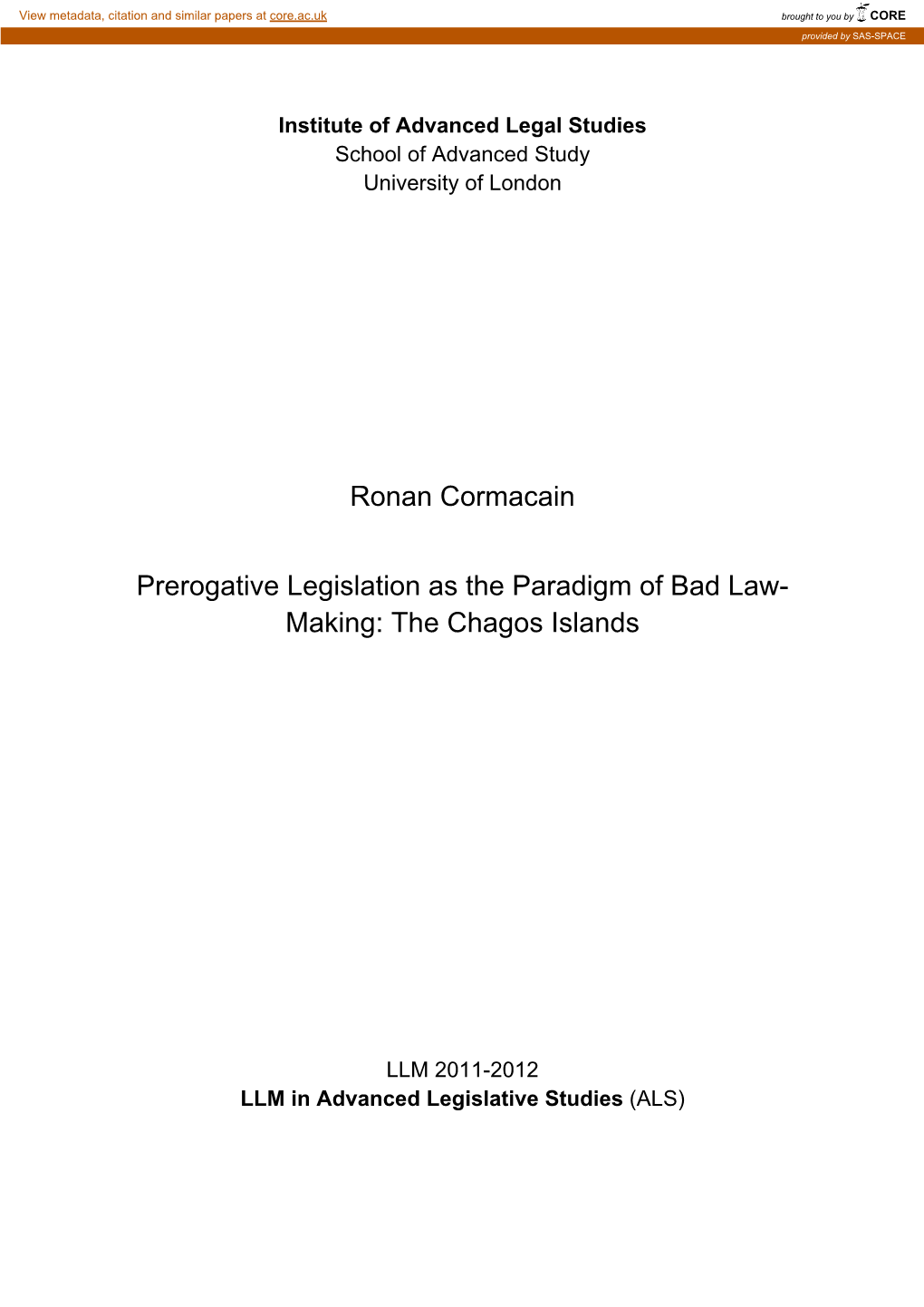 Ronan Cormacain Prerogative Legislation As The