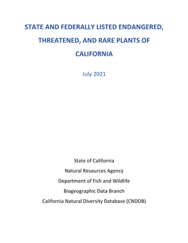 State and Federally Listed Endangered, Threatened, and Rare Plants of California