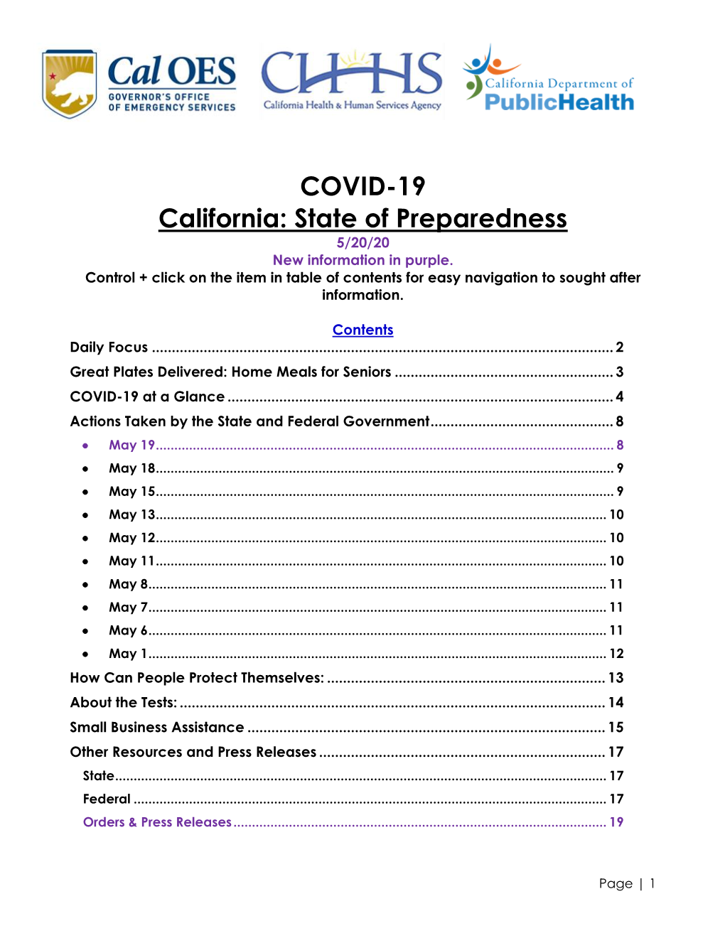 COVID-19 California: State of Preparedness 5/20/20 New Information in Purple