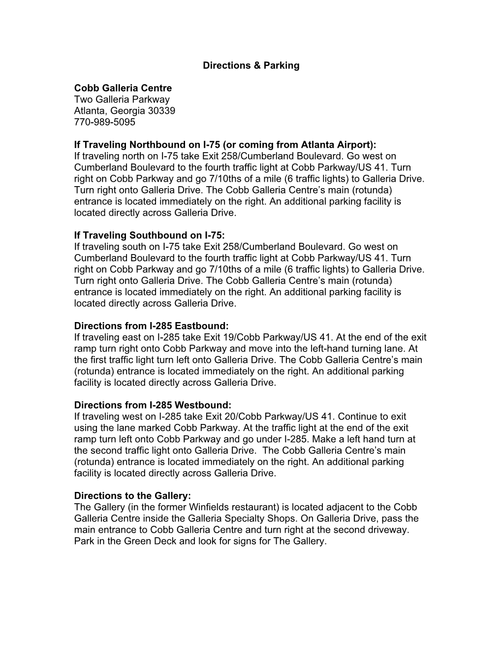 Directions & Parking Cobb Galleria Centre Two Galleria Parkway