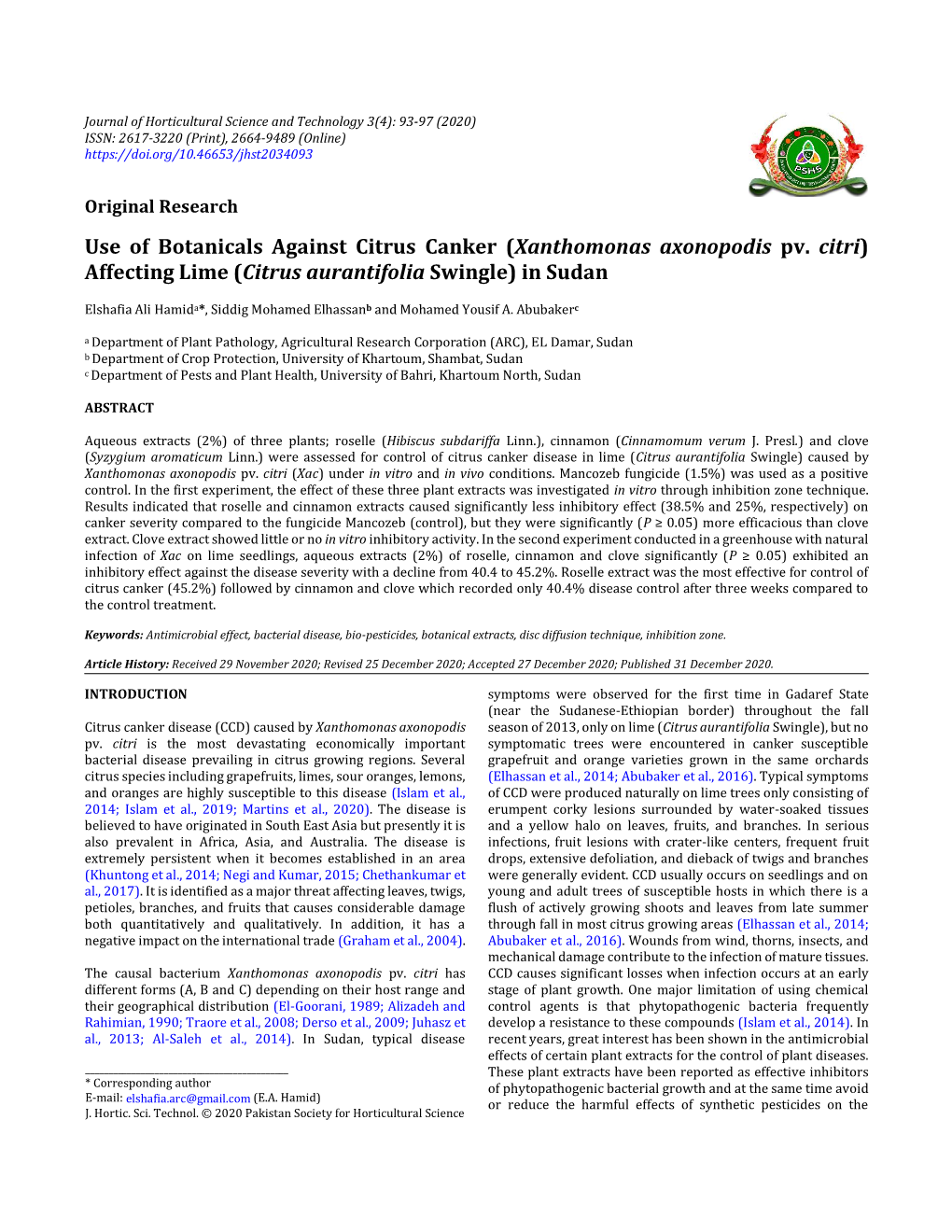 Xanthomonas Axonopodis Pv. Citri) Affecting Lime (Citrus Aurantifolia Swingle) in Sudan