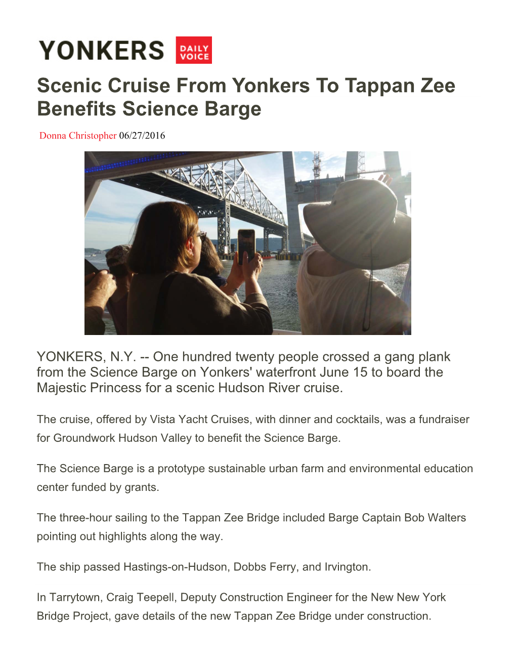 Scenic Cruise from Yonkers to Tappan Zee Benefits Science Barge